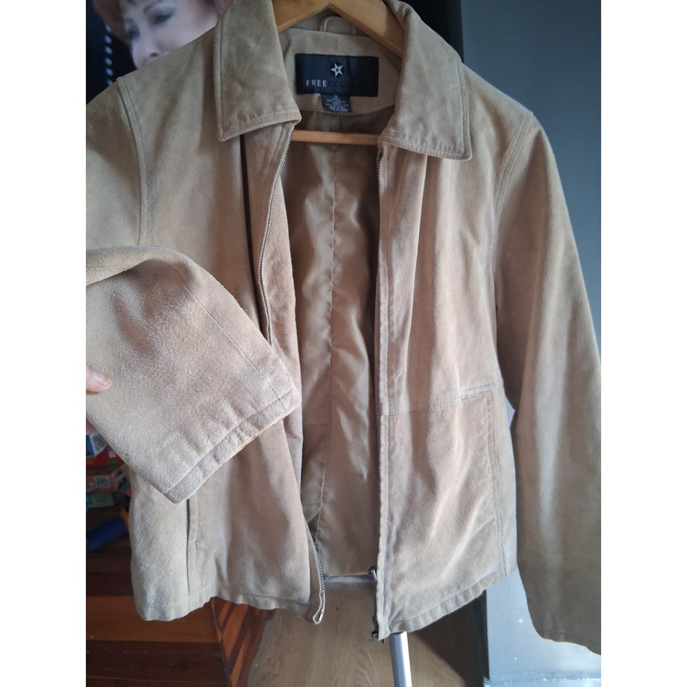 Free Country Women's Beige Leather Zipper Jacket Collared Pockets Size Small